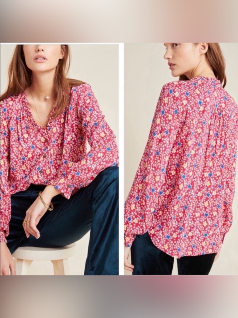 Anthropologie Maeve Marisol Pink Floral Ruffle Oversized Blouse